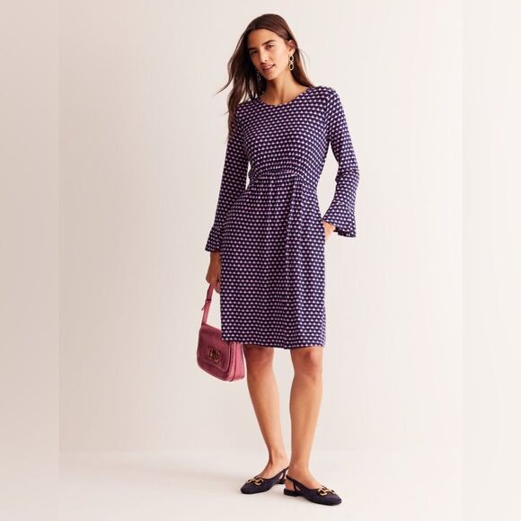 Boden Flute Long Sleeve A-Line Jersey Dress in Sherbert, Crescent Stamp Size 4L - Picture 5 of 13